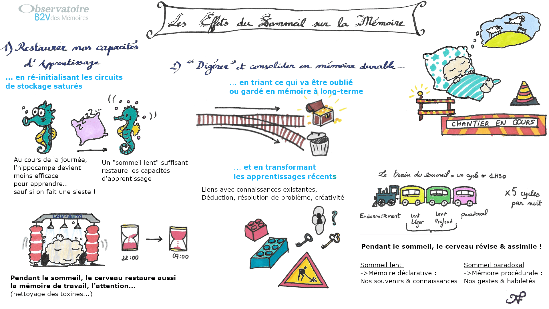 Sketchnote réalisé par un rédacteur médical de Santé Active Edition expliquant les effets du sommeil sur la mémoire