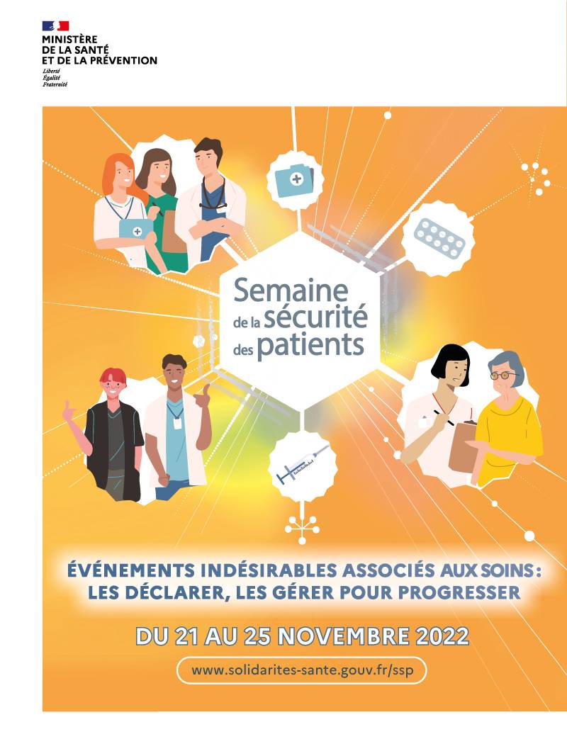 Affiche de la semaine de la sécurité des patients 2022 montrant des patients et des professionnels de santé dessinés sur fond orange